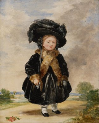Portrait of a young Queen Victoria wearing an elaborate outfit of a large rimmed black hat with black feather and a brown fur lined coat and black skirt.
