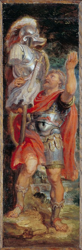 A man in Roman armor with a red gold trimmed cloak holds up an empty suit of armor in triumph.