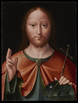 Christ wearing a green robe under a bright red cloak with a gold oval clasp at his neck. His right hand is held up with two fingers extended and in his left hand he holds a reflective globe showing an island city.