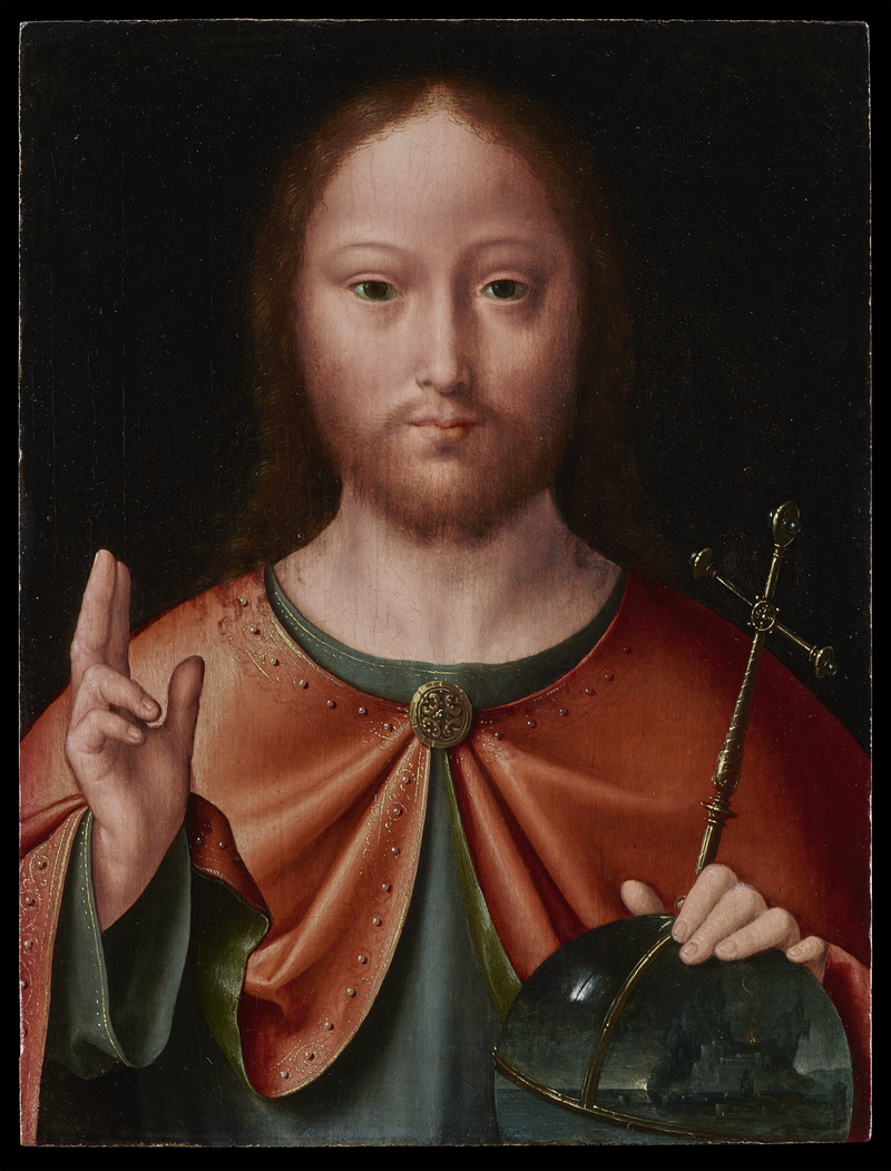 Christ wearing a green robe under a bright red cloak with a gold oval clasp at his neck. His right hand is held up with two fingers extended and in his left hand he holds a reflective globe showing an island city.