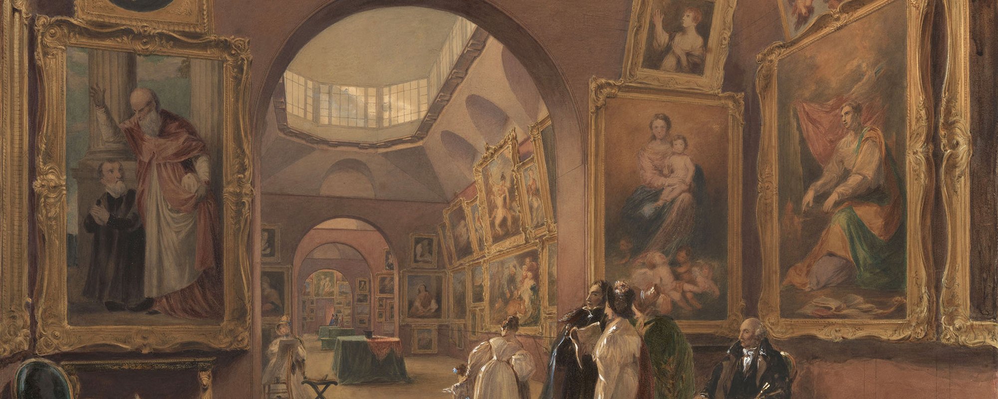A painting of the interior of Dulwich Picture Gallery with a group of people looking at the gold framed artworks.