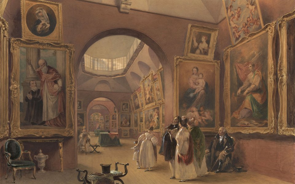 A painting of the interior of Dulwich Picture Gallery with a group of people looking at the gold framed artworks.