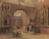 A painting of the interior of Dulwich Picture Gallery with a group of people looking at the gold framed artworks.