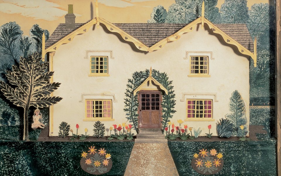 A 3D house collage work of a house with twin gables in a pretty garden with a girl on a swing hung from a tree.