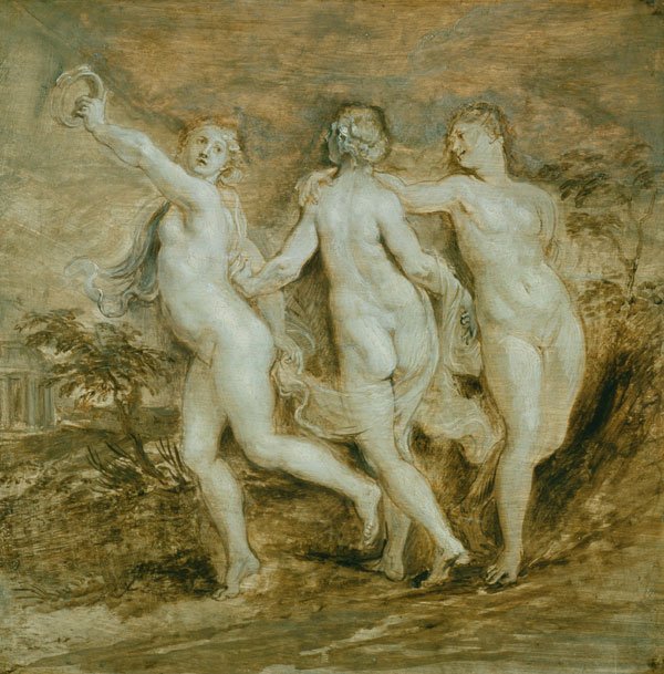 Sketch of the three graces nudes dancing in a landscape.