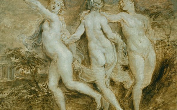 Sketch of the three graces nudes dancing in a landscape.