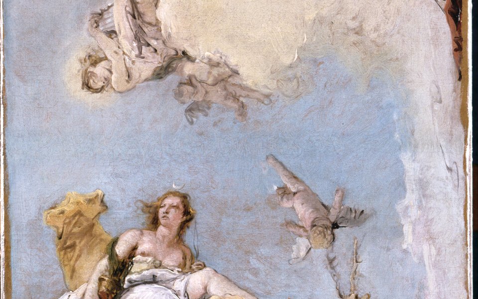 Ceiling decoration sketch by Gianbattista Tiepolo showing the Roman gods Diana and Apollo sitting on clouds in the sky surrounded by their winged attendants.