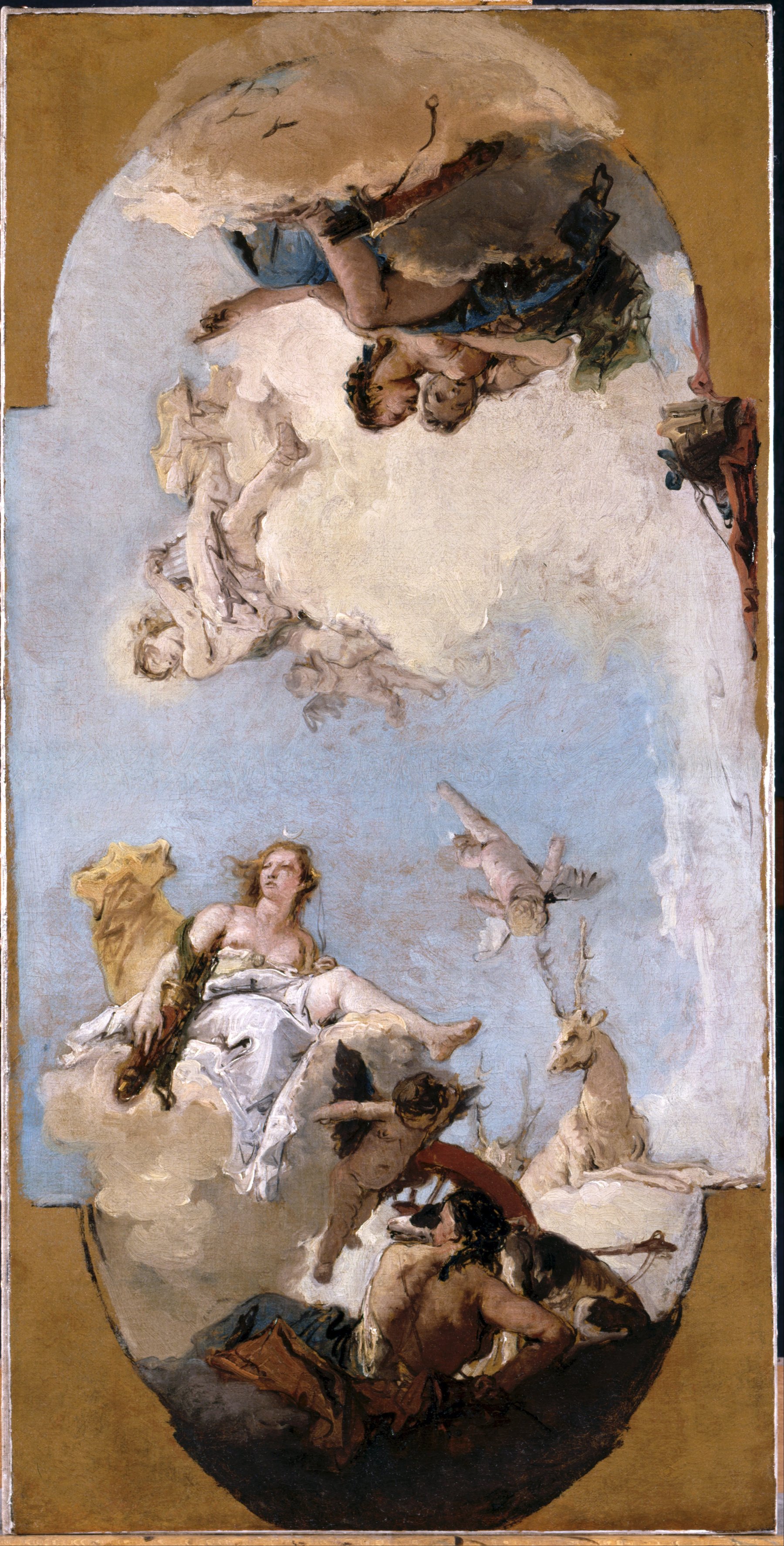 Ceiling decoration sketch by Gianbattista Tiepolo showing the Roman gods Diana and Apollo sitting on clouds in the sky surrounded by their winged attendants.