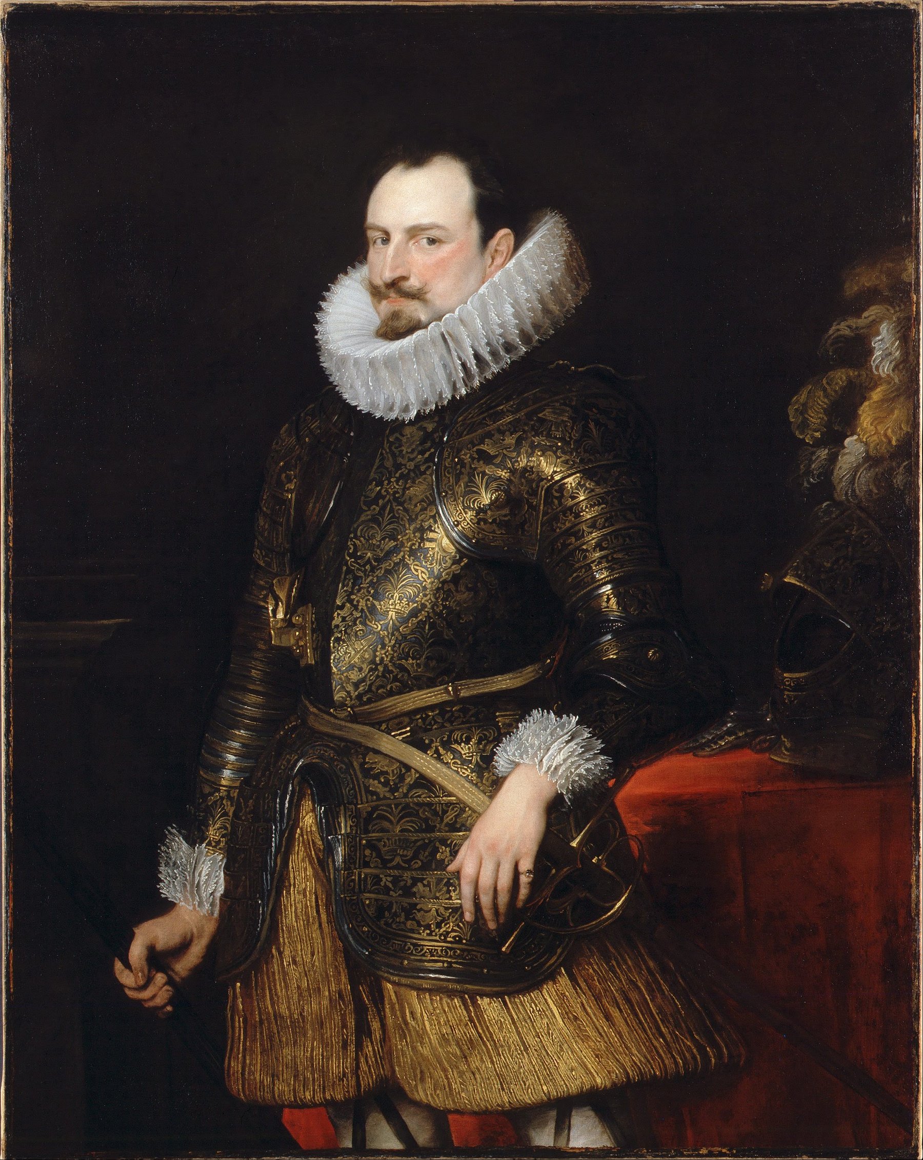 Portrait of a man in a large white rough and black gold etched armour.