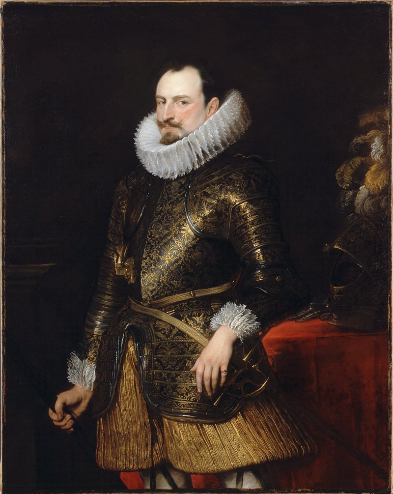 Portrait of a man in a large white rough and black gold etched armour.
