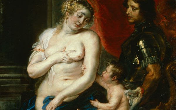 A nude Venus squirts milk from her breast into cupid's mouth while Mars looks on.