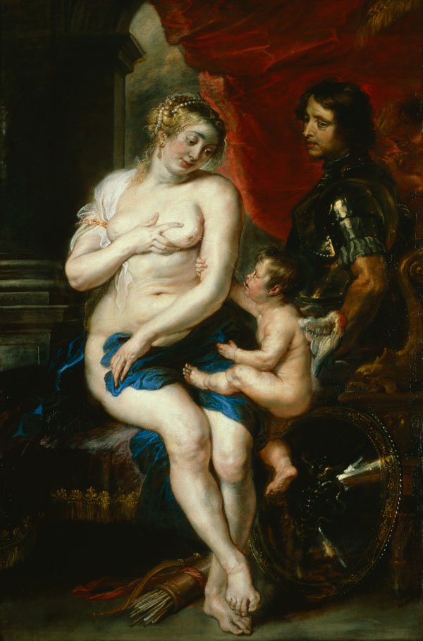 A nude Venus squirts milk from her breast into cupid's mouth while Mars looks on.