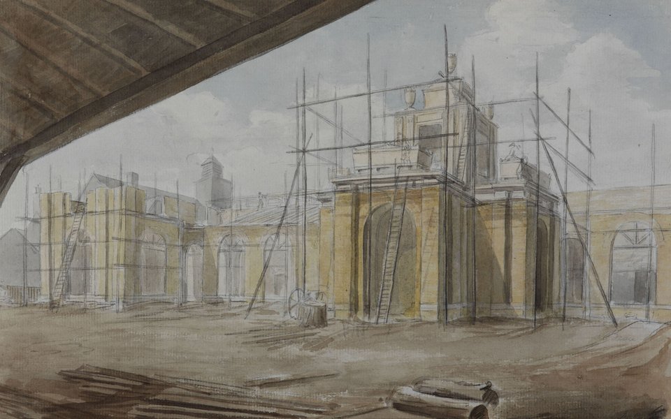 Sketch of Dulwich Picture Gallery under construction surrounded by scaffolding.