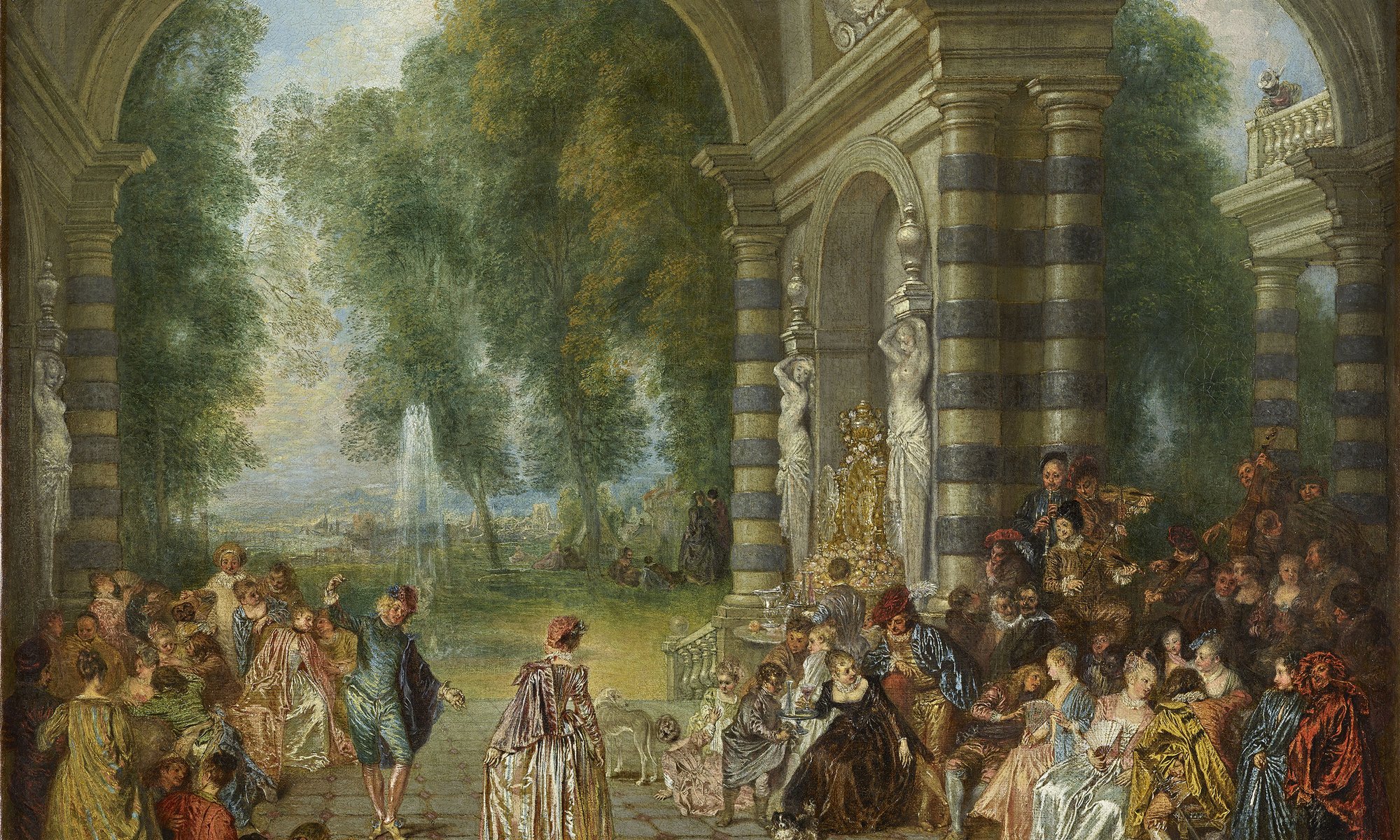 A ball scene in an elaborate archway with a view to a garden with large fountain beyond. Groups of well dressed people stand to each side of the arch and in the centre a woman in a large dress is being seduced by a man in a blue suit.