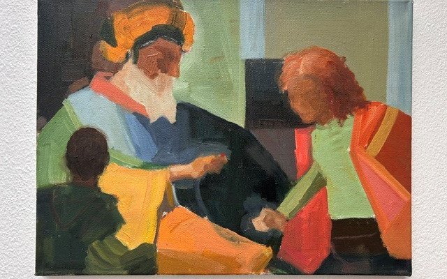 A painting of 3 abstract figures