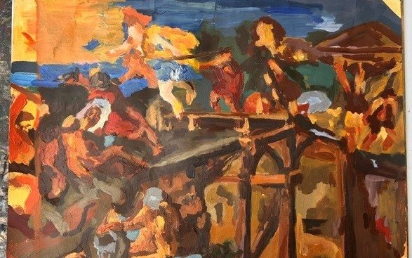 Painting of a dramatic scene with many abstract figures