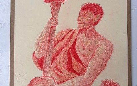 Red sketch of a man in a toga carrying a head on a pike with two other men in the foreground