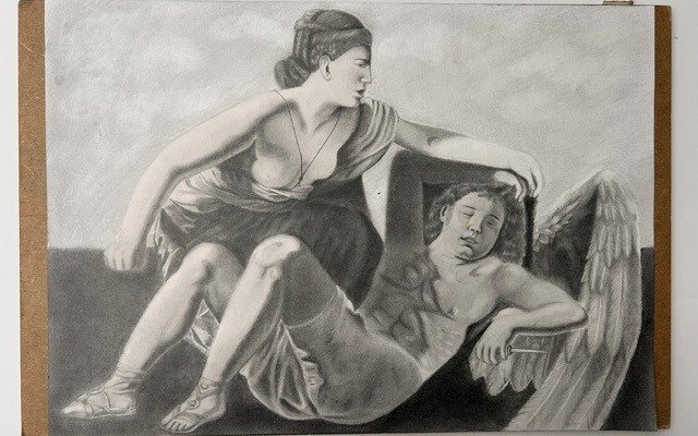 A sketch of a woman crouching down next to a sleeping angel.