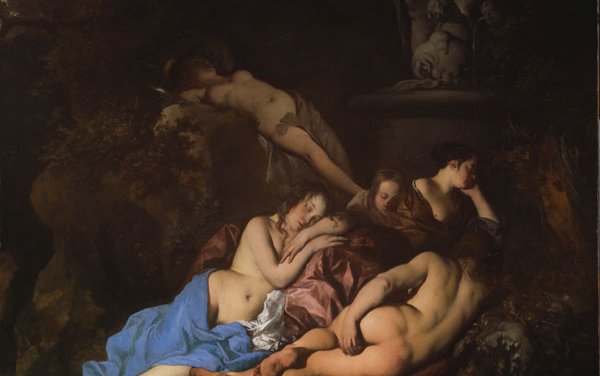 A group of nude nymphs lie together sleeping in front of an elaborate fountain.