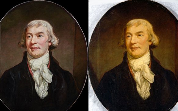 Two versions of the same portrait of Noel Desenfans next to each other with right one being before restoration. It is much darker and has a yellow colour.