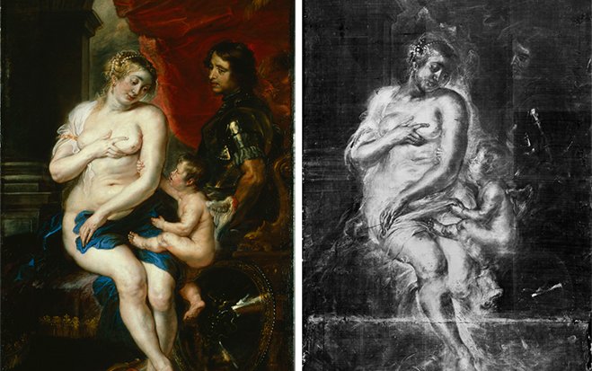 A double image of a painting on the left of Venus, Mars and Cupid and on the right an xray of the painting.