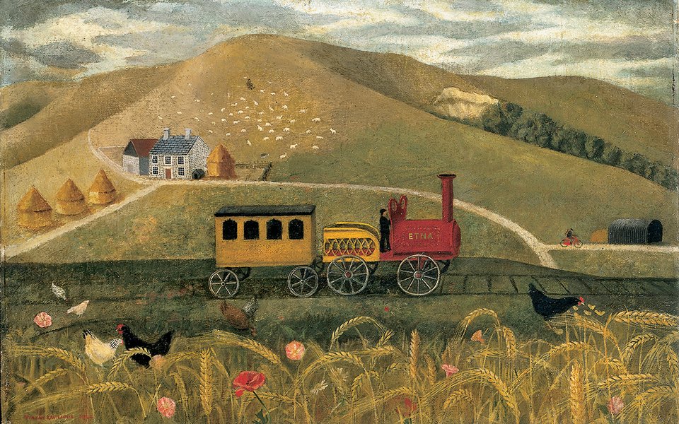 A toy train in a hilly landscape with farms and sheep in the background and flowers and chickens in the foreground.